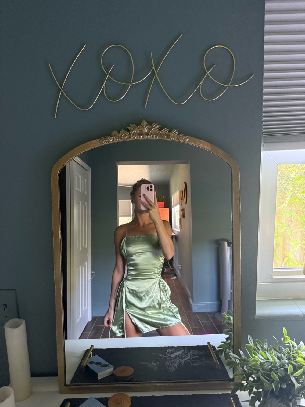 Lucy in the Sky Sage Green Satin Mini Dress